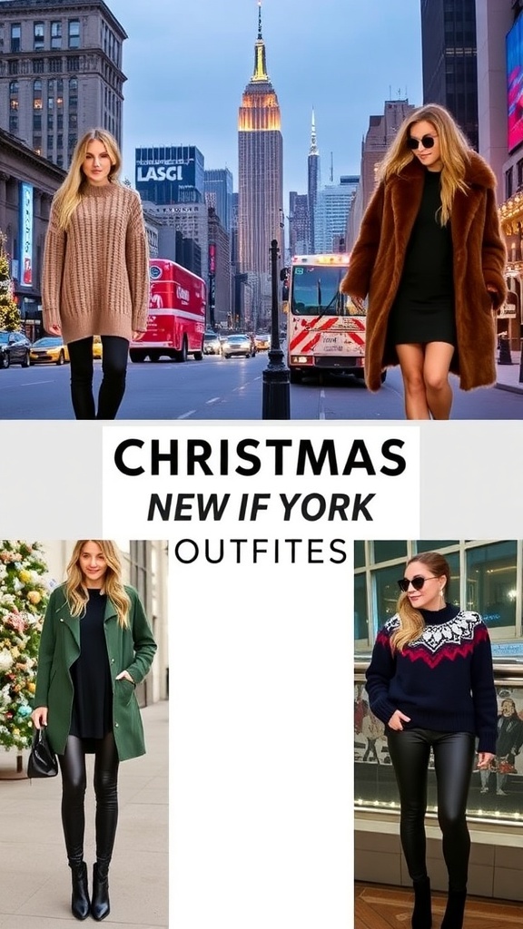 A collage of stylish Christmas outfits for winter in NYC, showcasing festive fashion against holiday decorations.